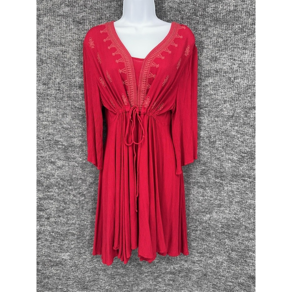Indigo Soul Dress Womens L Red Embroidered V Neck Mini Flowy Boho Swing Trapeze